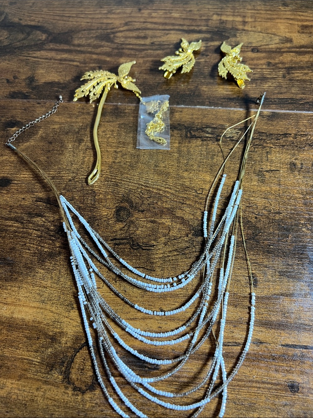 Multi-Strand Blue Beaded Necklace with Gold Leaf Accent Jewelry Set